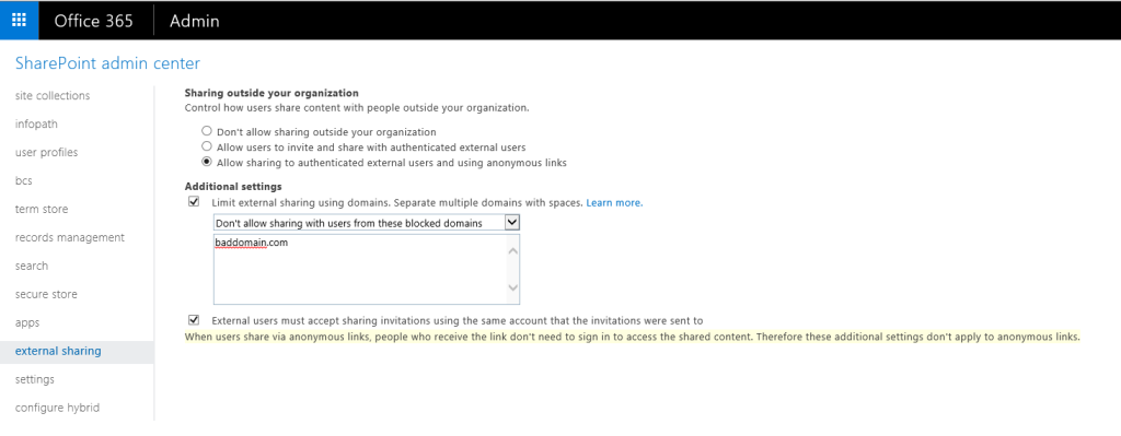 External sharing settings in the SPO admin center