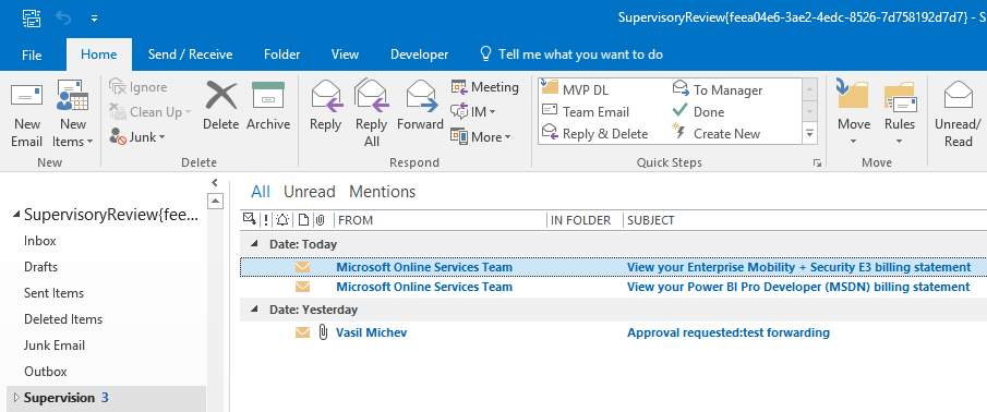 Supervisory mailbox in Outlook