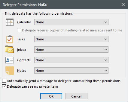 Outlook Delegate permissions dialog