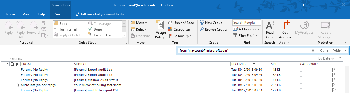 Outlook search example