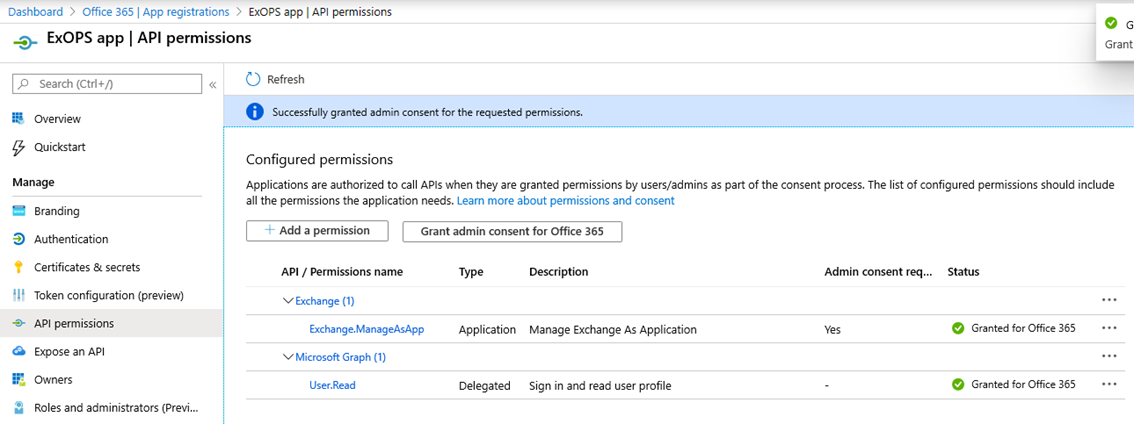 API permissions in the Azure AD blade