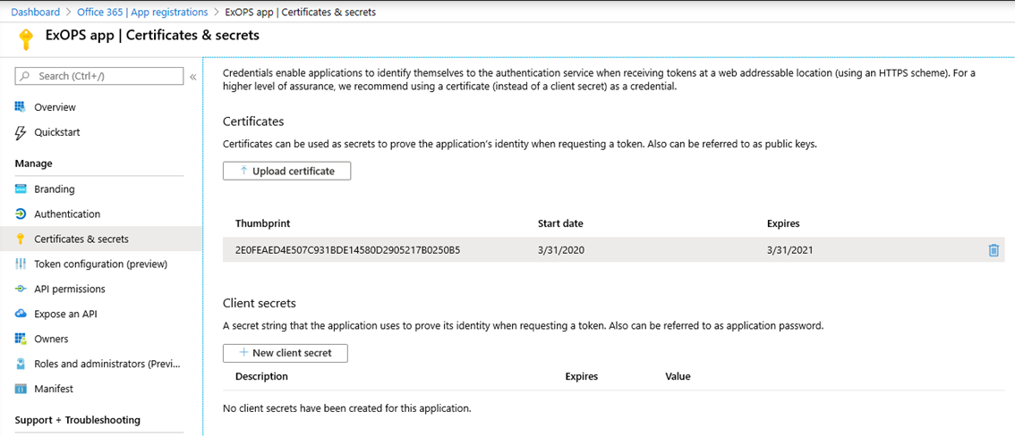 Adding a certificate to the Azure AD application