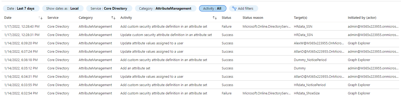Custom security attributes audit log