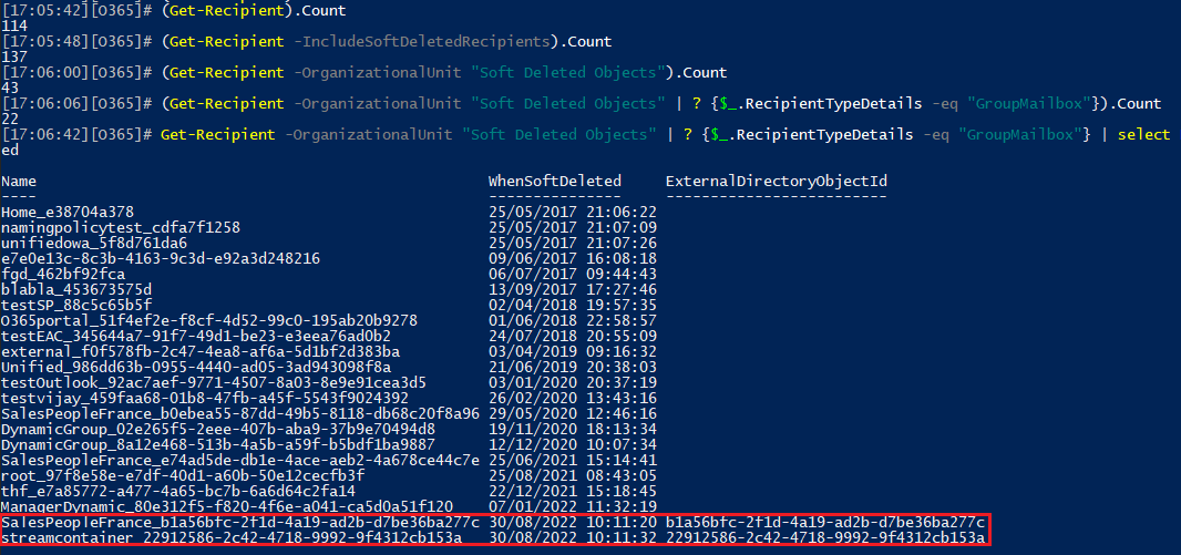 PowerShell example for working with soft-deleted objects