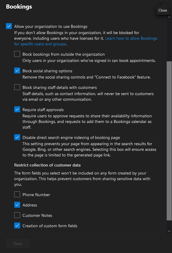 General Microsoft Bookings settings