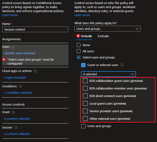 Conditional access policies Guest or external users control