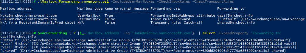 Mailbox forwarding inventory script output