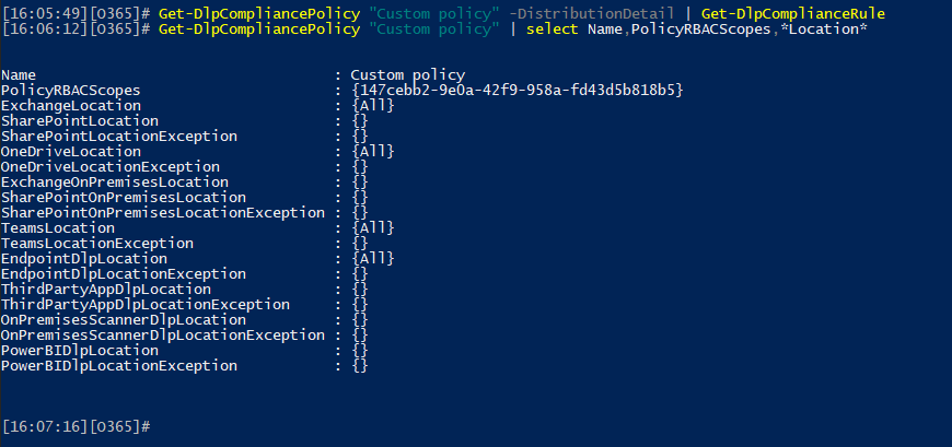 Properties of a scoped DLP policy as viewed via PowerShell